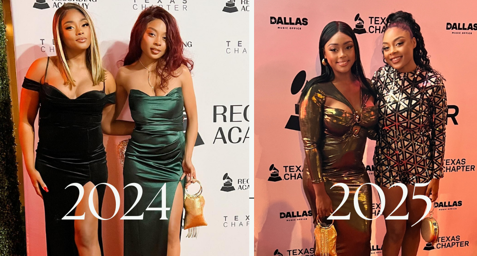 Belizean sisters Micah and Evánne Vernon walk the 2024 GRAMMYs red carpet in elegant gowns with deep slits, representing Belizean culture with style and grace.